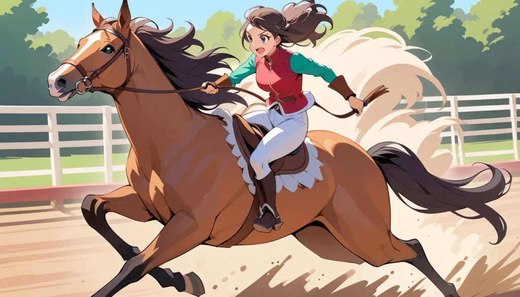 Uma amazona e seu cavalo Quarto de Milha em alta velocidade - prova de Três Tambores