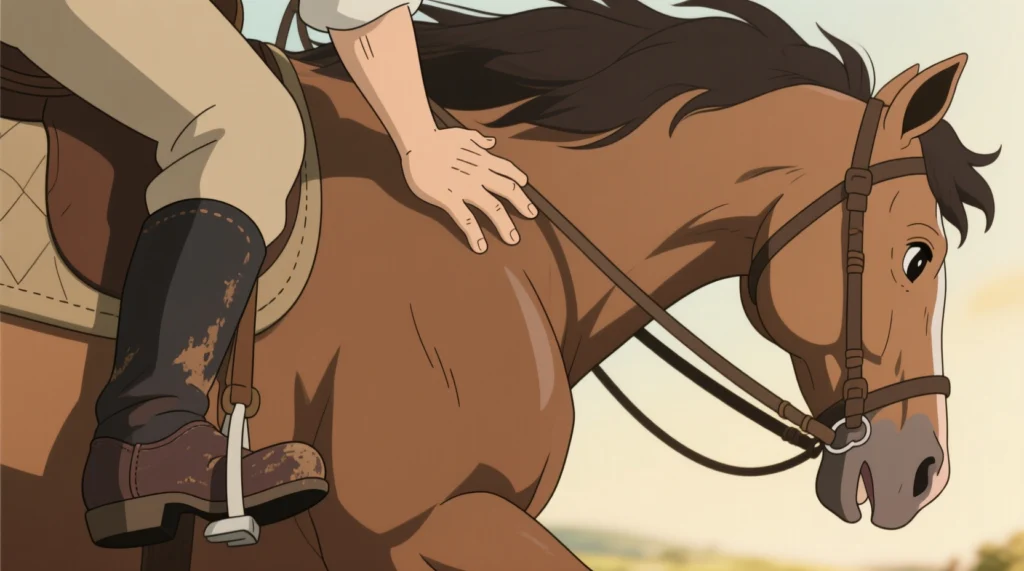 Close-up da bota de um cavaleiro aplicando uma leve pressão com a panturrilha na lateral de um cavalo - principais comandos para cavalo