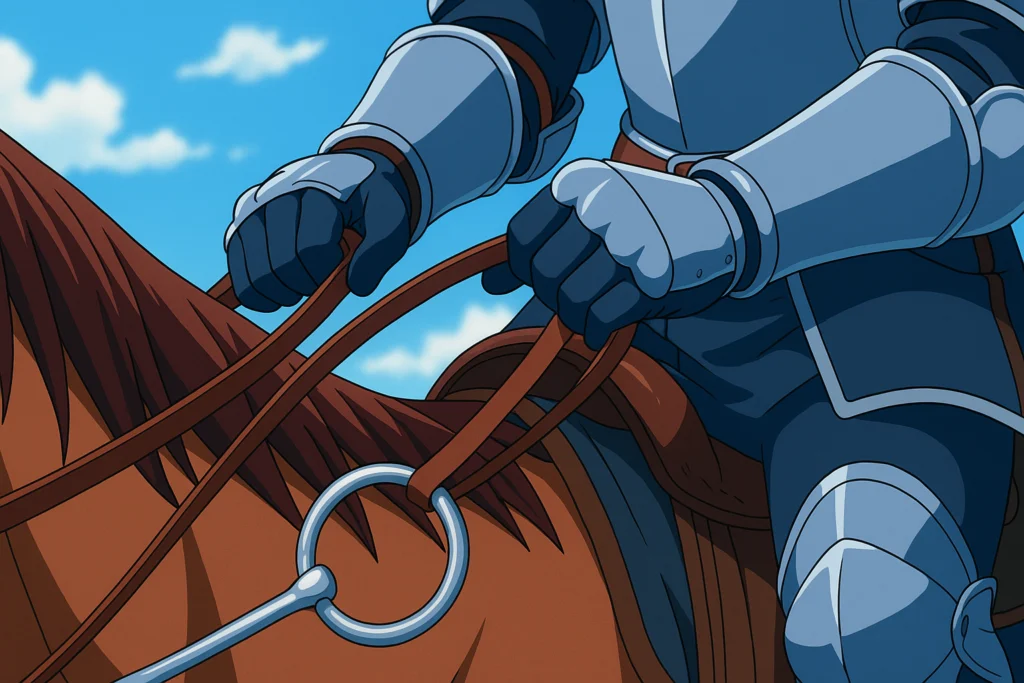 Close-up das mãos de um cavaleiro segurando as rédeas, com foco em um bridão de argolas - bridão para cavalo