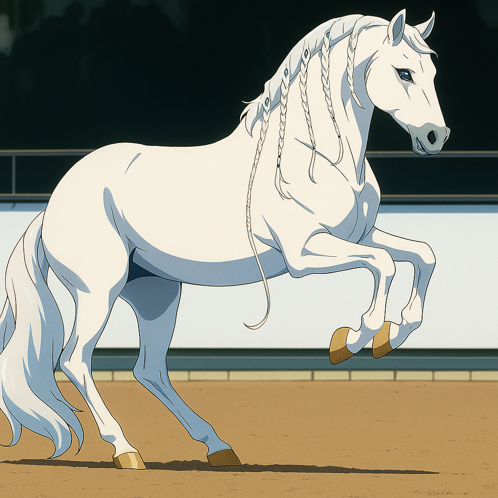 Um cavalo Andaluz tordilho, com crina longa e trançada
