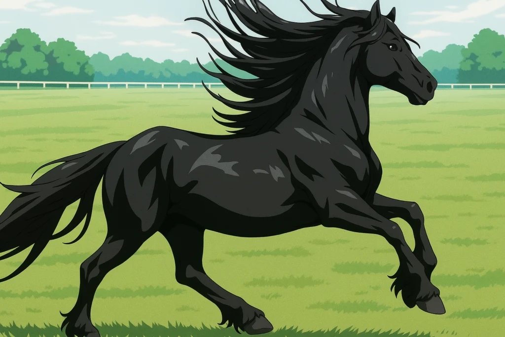 Um cavalo Frisão preto, com crina e cauda longas.