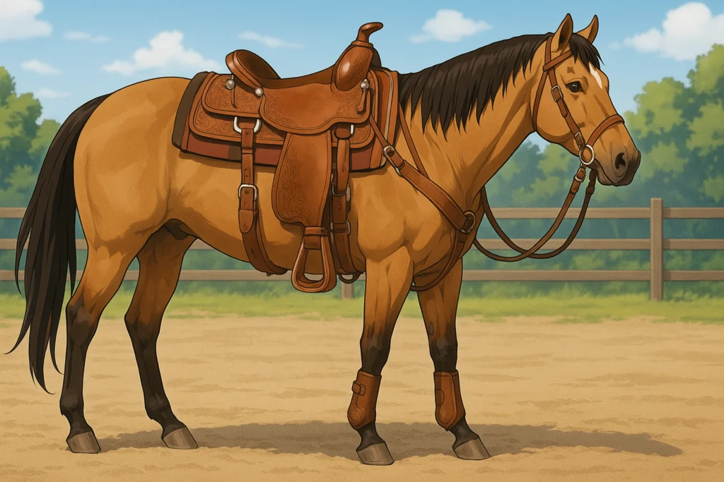 Um cavalo da raça Quarto de Milha totalmente arreado com 
arreio completo para cavalo