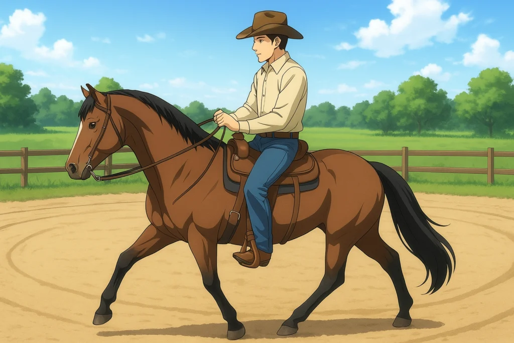 Um fazendeiro em uma pista de areia, guiando seu cavalo em um círculo perfeito ao trote - adestramento de cavalos