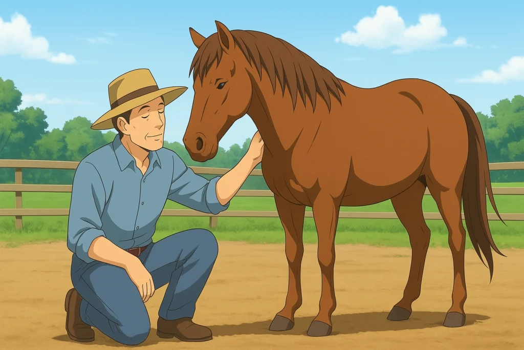 Um fazendeiro no chão, fazendo carinho calmamente no pescoço de um cavalo - cavalo arisco