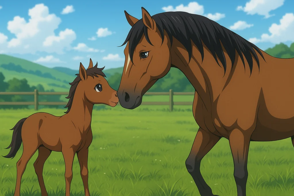 Uma égua e seu potro recém-nascido em um pasto verde - reprodução de cavalos
