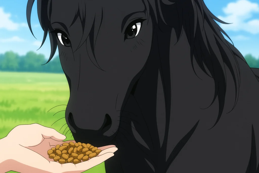 um mão com ração para cavalo, oferecendo para seu cavalo