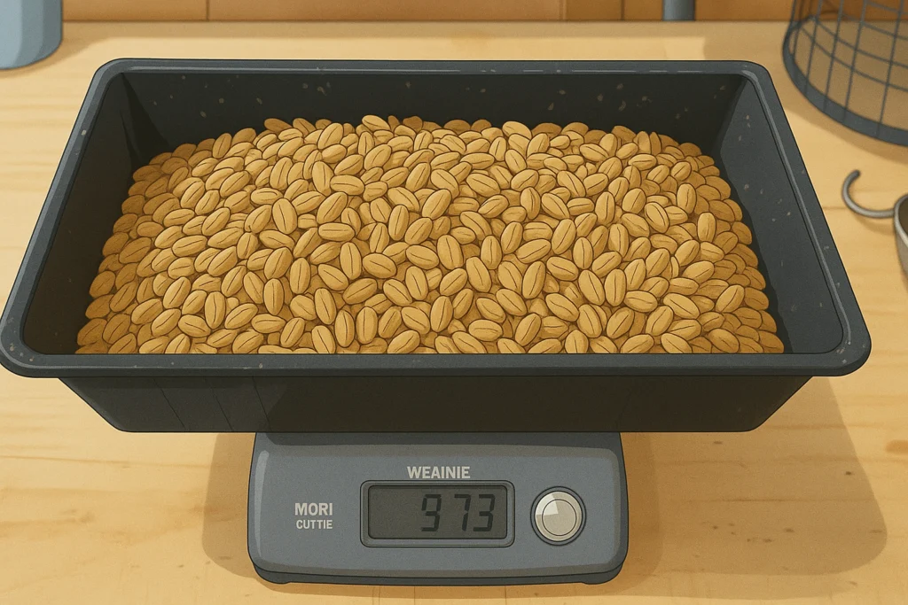 balança de cozinha com uma quantidade de comida para cavalo ou um cocho cheio de ração sendo pesado