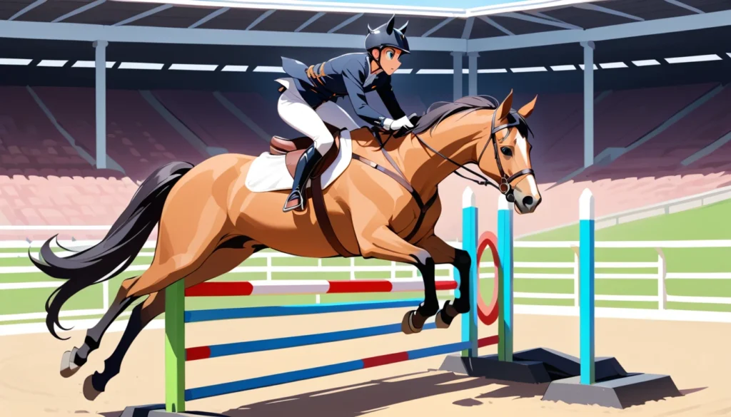 Um cavaleiro e seu cavalo em perfeita sintonia, saltando um obstáculo no hipismo 