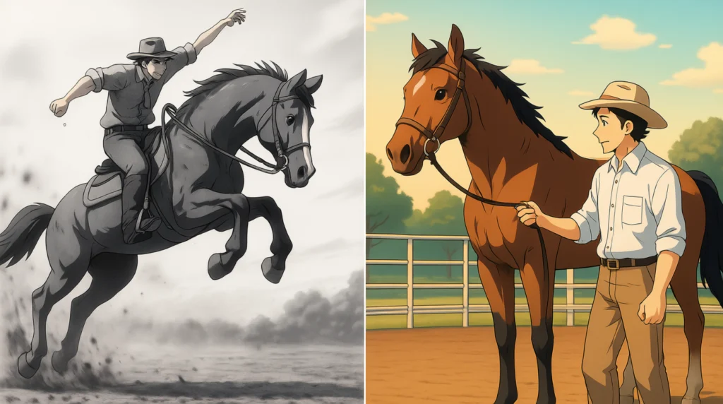foto histórica em preto e branco de um cowboy em um cavalo pulando em um rodeio, contrastando com uma imagem colorida de um domador moderno - quebra de cavalo