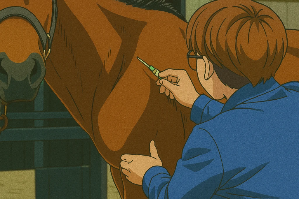 médico veterinário aplicando uma vacina para cavalo no pescoço de um cavalo calmo e seguro.