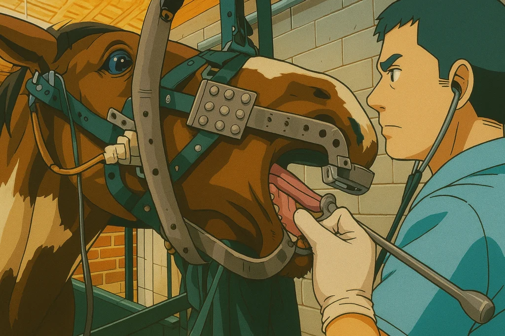 medico veterinario (dentista para cavalo) especialista em odontologia equina usando um abridor de boca especulo para examinar os dentes de um cavalo