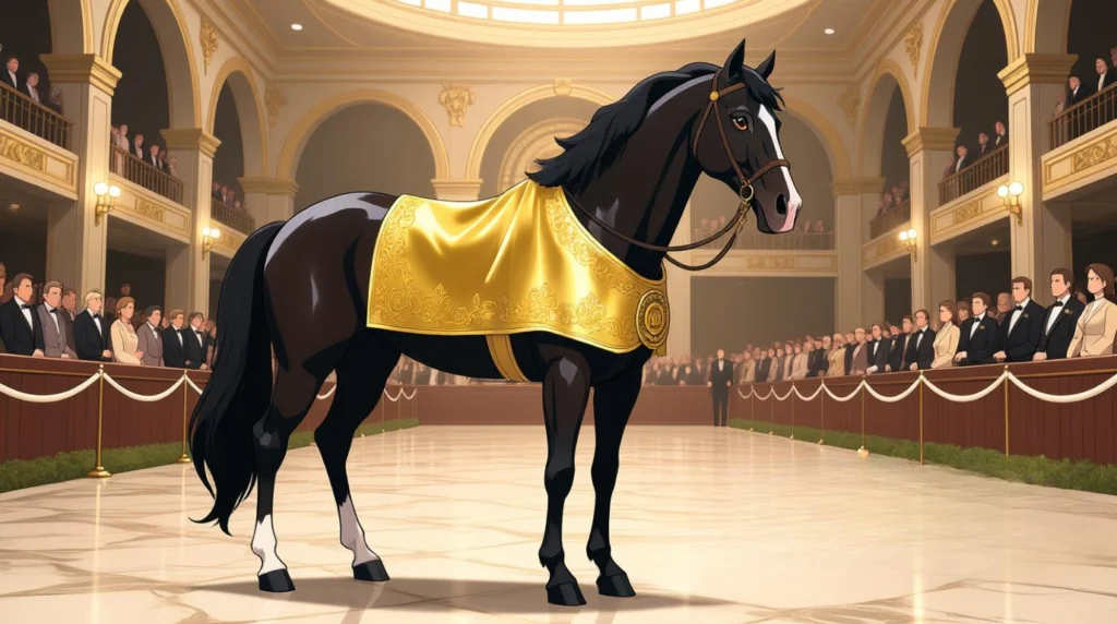 Um cavalo de corrida Puro Sangue Inglês, de pelagem escura e brilhante, posando majestosamente com uma manta de campeão, em um cenário de um leilão de elite - cavalo mais caro do mundo