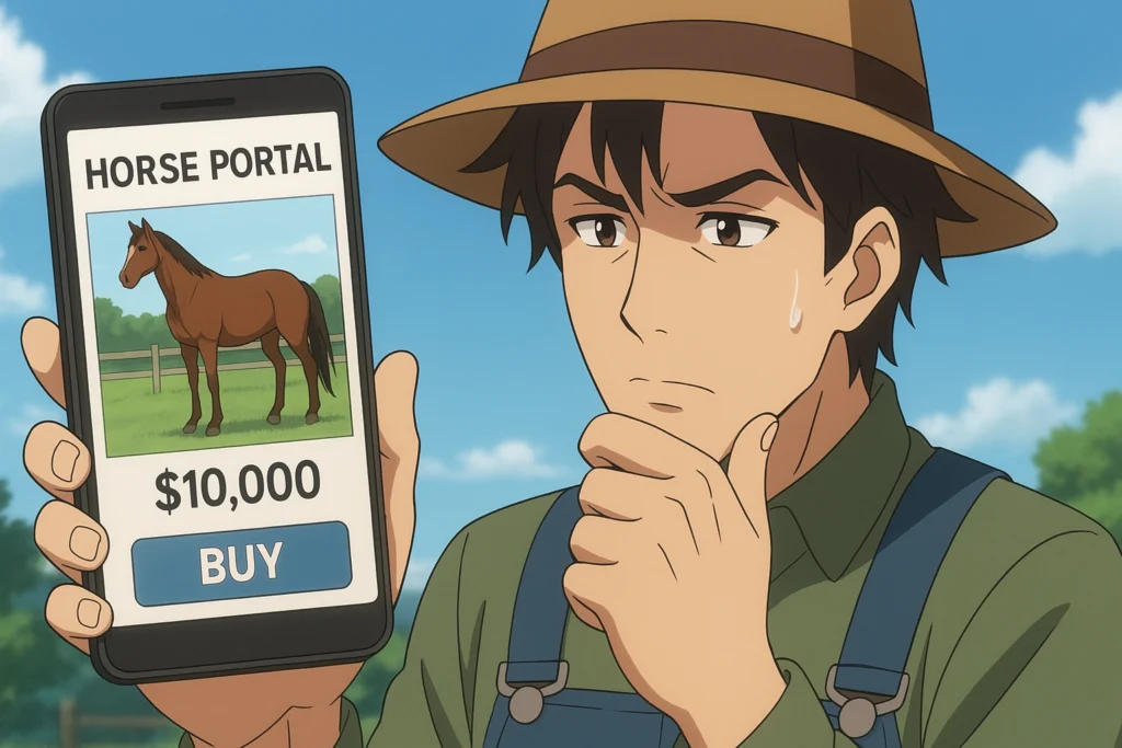 Um fazendeiro no celular, visualizando um anúncio online de um cavalo em um portal especializado, com uma expressão de análise cuidadosa - como comprar cavalo pela internet