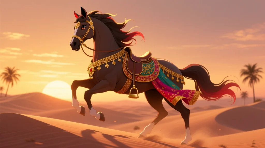 cavalo Marwari pampo, magnificamente adornado com arreios tradicionais indianos