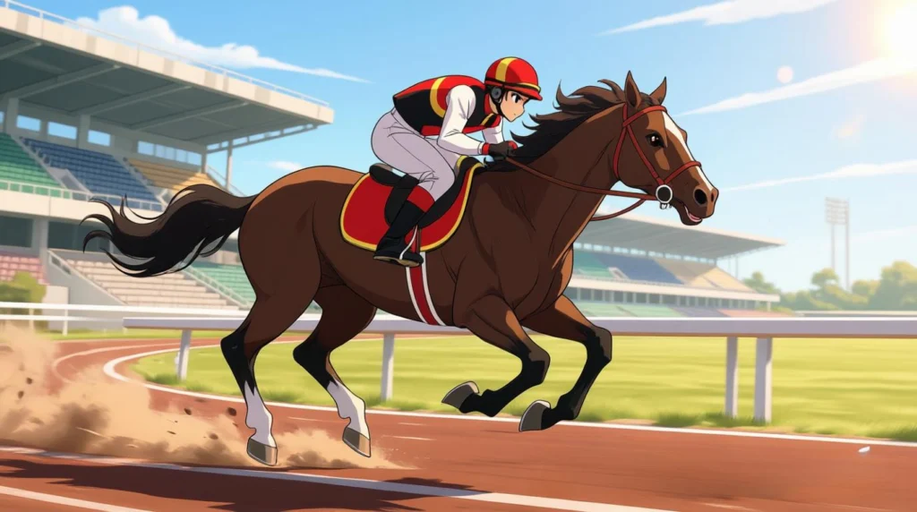 cavalo mais rápido do mundo - cavalo Puro Sangue Inglês em uma pista de corrida, no auge da velocidade, com o jóquei inclinado sobre seu pescoço