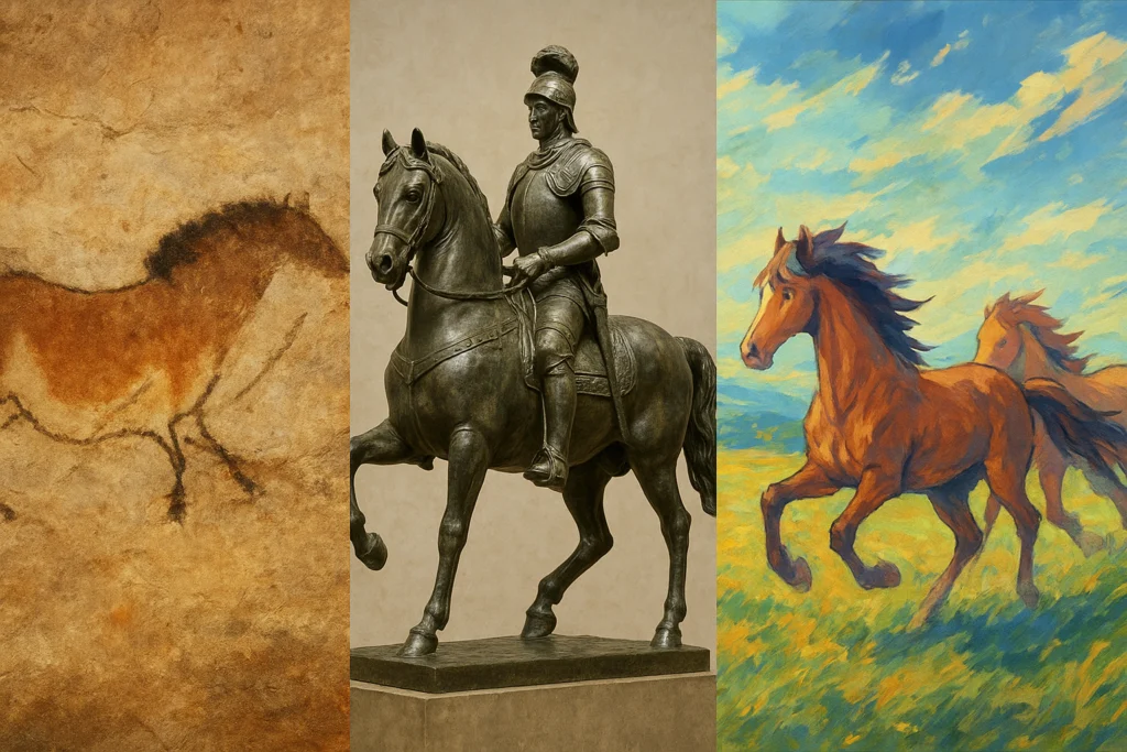uma colagem artística de cavalos na arte