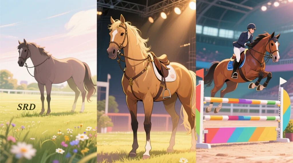 Uma colagem de três cavalos diferentes: um cavalo SRD (sem raça definida) em um pasto, um Mangalarga Marchador em uma exposição e um cavalo de salto atleta em competição, representando diferentes faixas de valor - preço de um cavalo