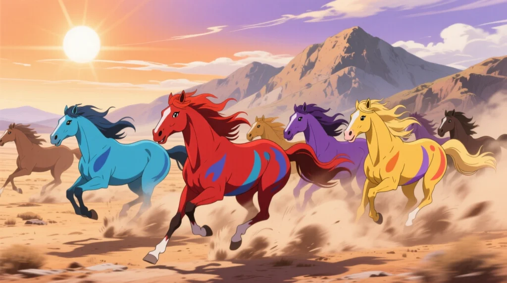 manada de cavalo Mustangs de várias cores galopando em uma planície árida, com montanhas ao fundo e poeira subindo de seus cascos
