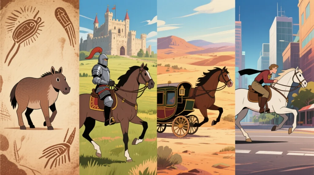 Uma montagem de imagens que mostra a evolução da história do cavalo, desde uma pintura rupestre, passando por um cavaleiro medieval, uma diligência no velho oeste, até um cavalo de esporte moderno.