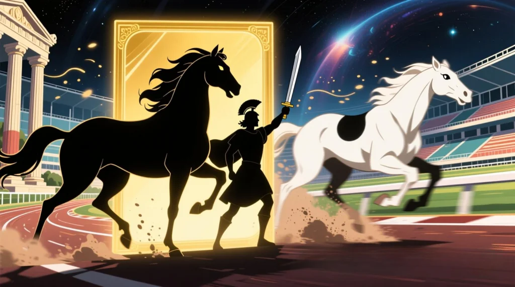 montagem estilizada com silhuetas de cavalos famosos