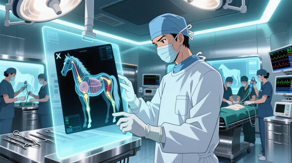 cirurgia em cavalos - um cirurgião veterinário, paramentado, examinando um raio-x
