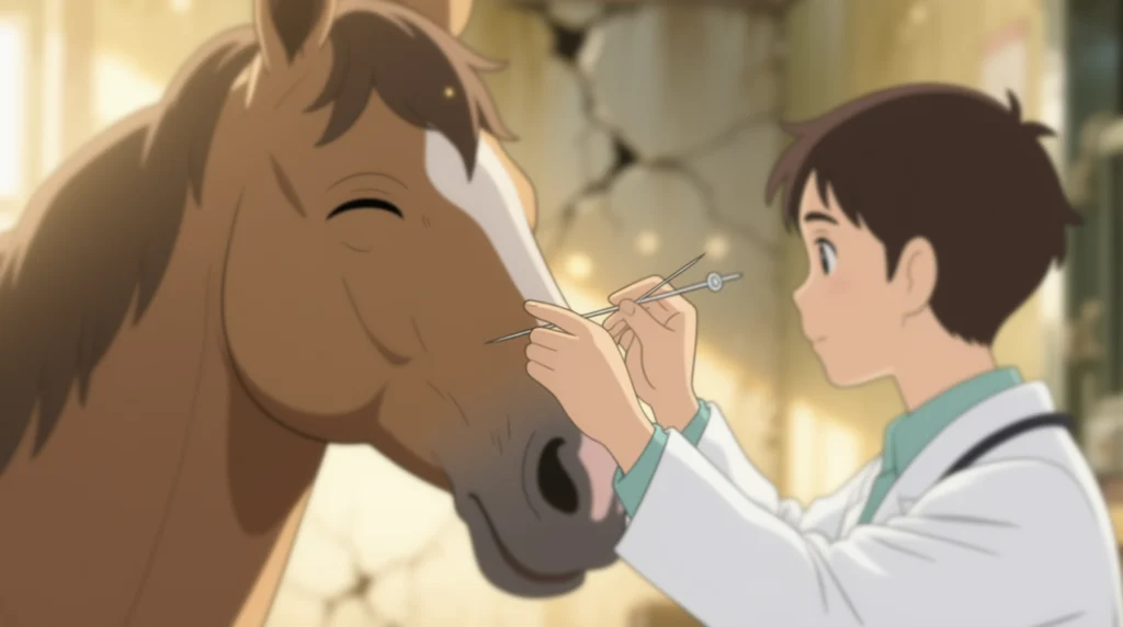 acupuntura em cavalos - um veterinário inserindo uma agulha de acupuntura na cabeça de um cavalo