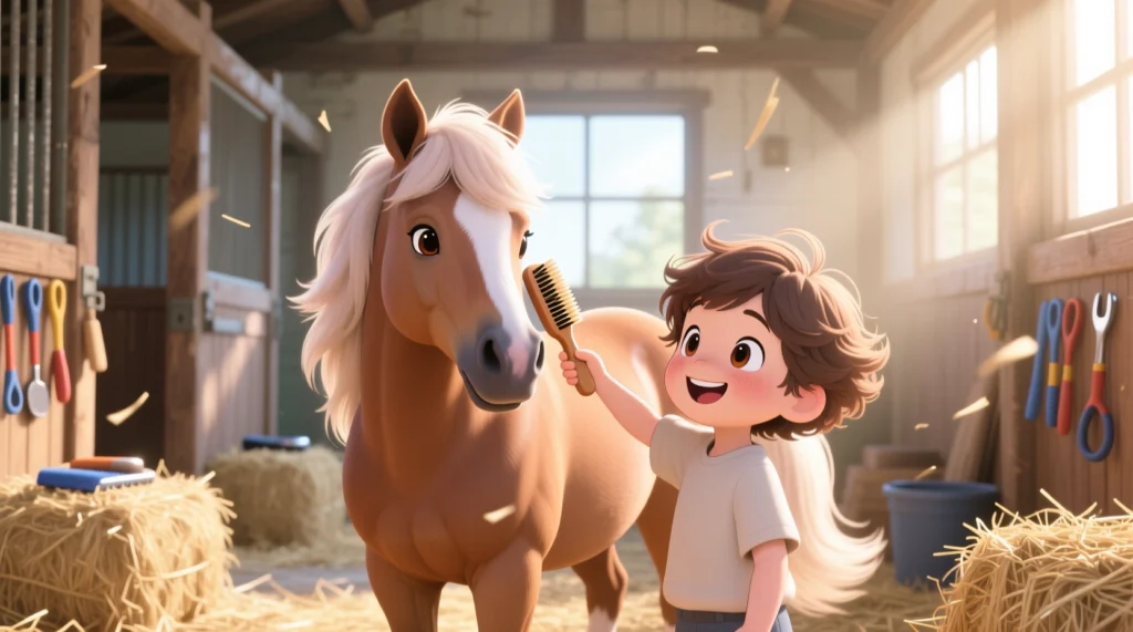 uma criança feliz escovando um cavalo Pônei de Shetland
