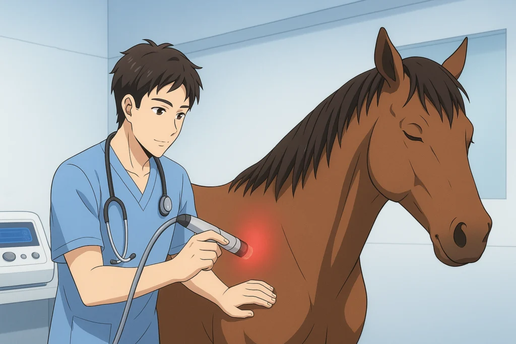 fisioterapia equina - veterinário fisioterapeuta aplicando laserterapia no dorso de um cavalo calmo e relaxado