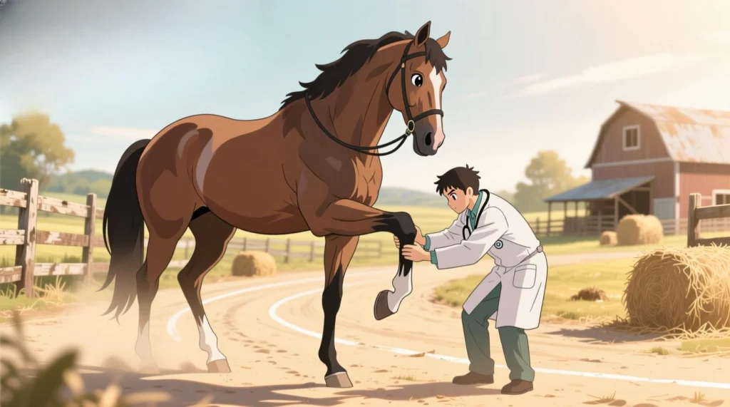 ortopedia equina - veterinário realizando um teste de flexão na pata dianteira de um cavalo, com foco na expressão concentrada do profissional e na musculatura do animal