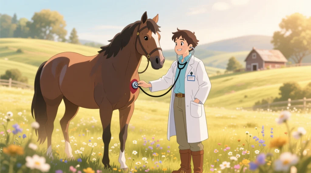 exames veterinários para cavalo - veterinário sorrindo enquanto ausculta o coração de um cavalo calmo e saudável em um ambiente externo e ensolarado