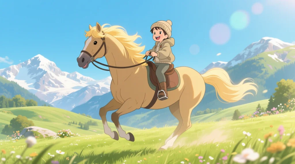 cavalo Haflinger com sua pelagem dourada brilhando, sendo montado por uma criança sorridente em um campo verde com montanhas ao fundo, evocando suas origens alpinas