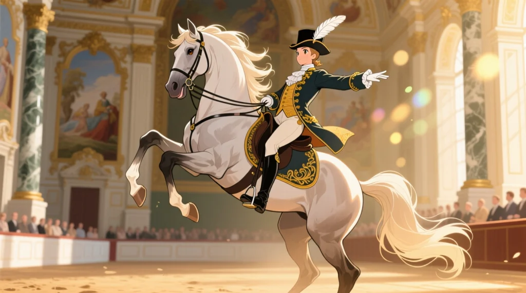 cavalo Lipizzano executando o movimento "levade" com um cavaleiro da Escola Espanhola de Equitação de Viena